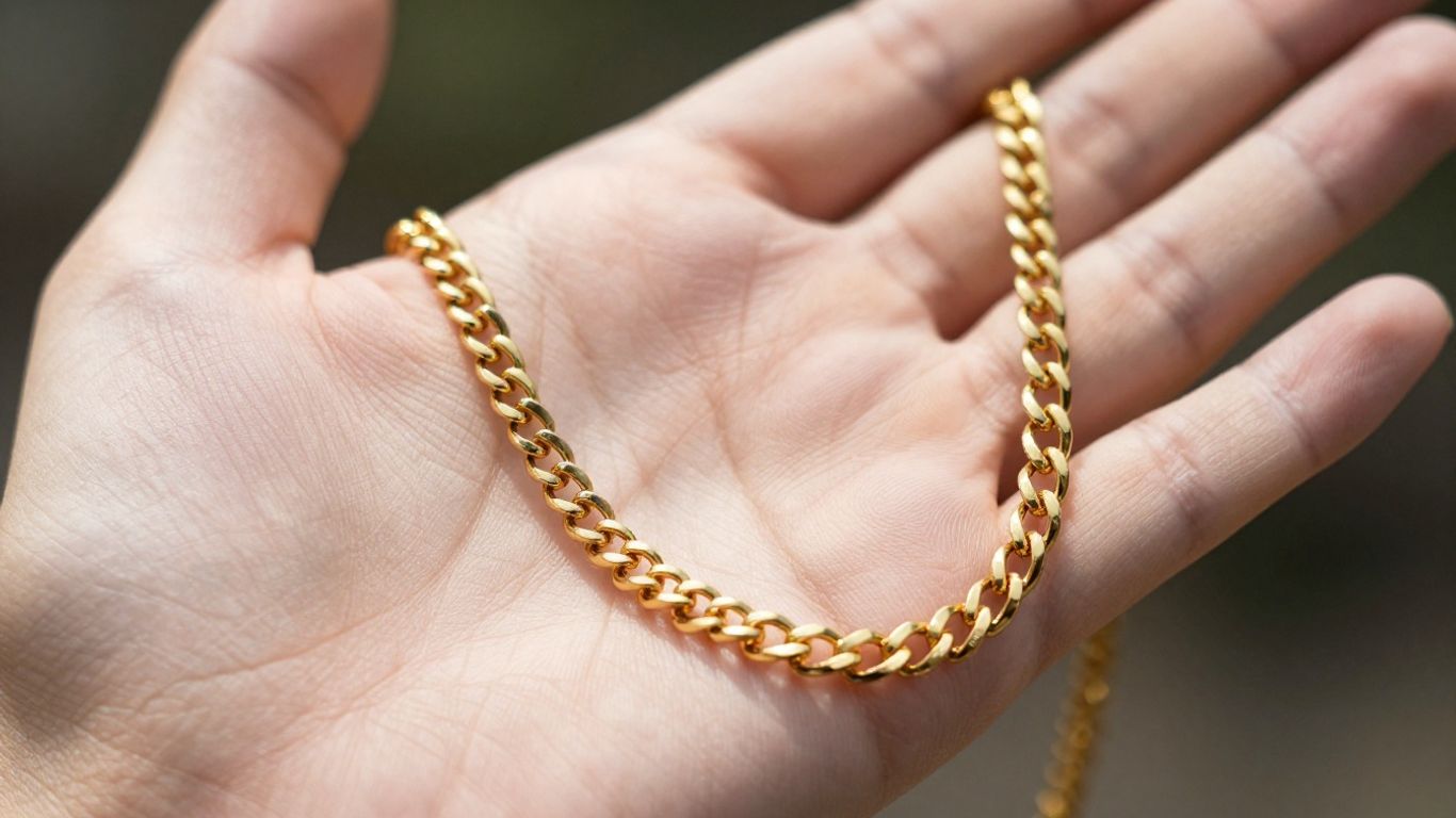 image | Buy Jewellery Online Hand holding a shiny gold chain necklace