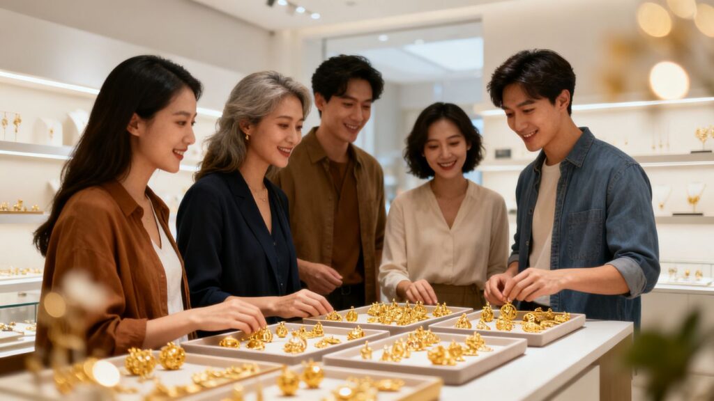 A diverse group looking at various golden ornaments inside shop