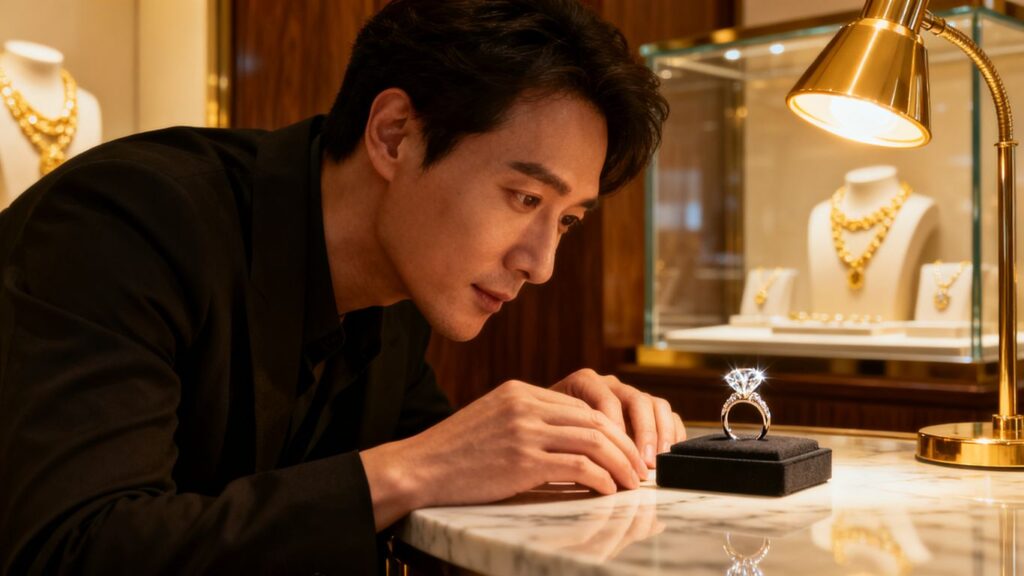 A customer admiring elegant rings under bright store lights