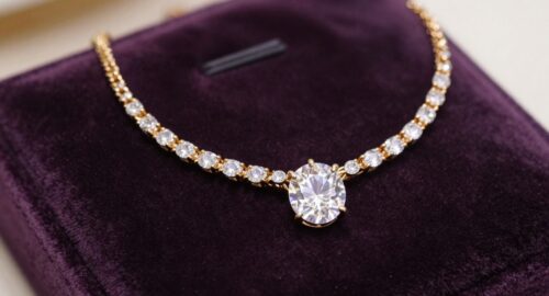 Sparkling diamond necklace on velvet cushion.