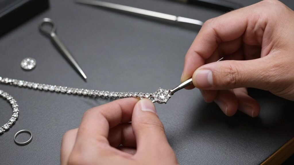 image | Buy Jewellery Online Jewelry designer crafting a necklace with diamonds and gold.