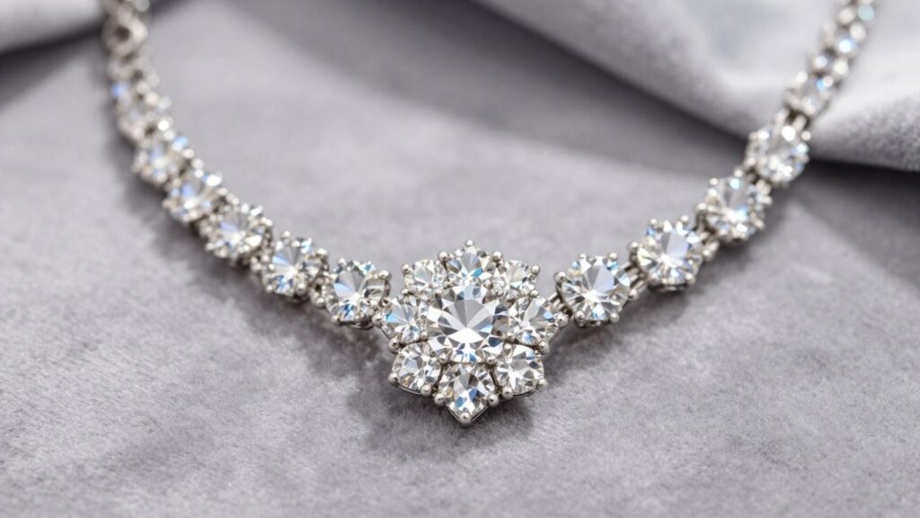 Sparkling diamond necklace on velvet cushion.