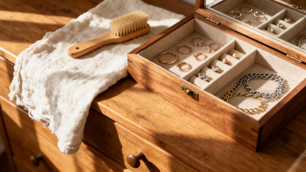 Open wooden jewellery box with organized pieces