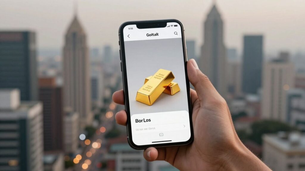 Smartphone app showing digital gold investment with gold bar.