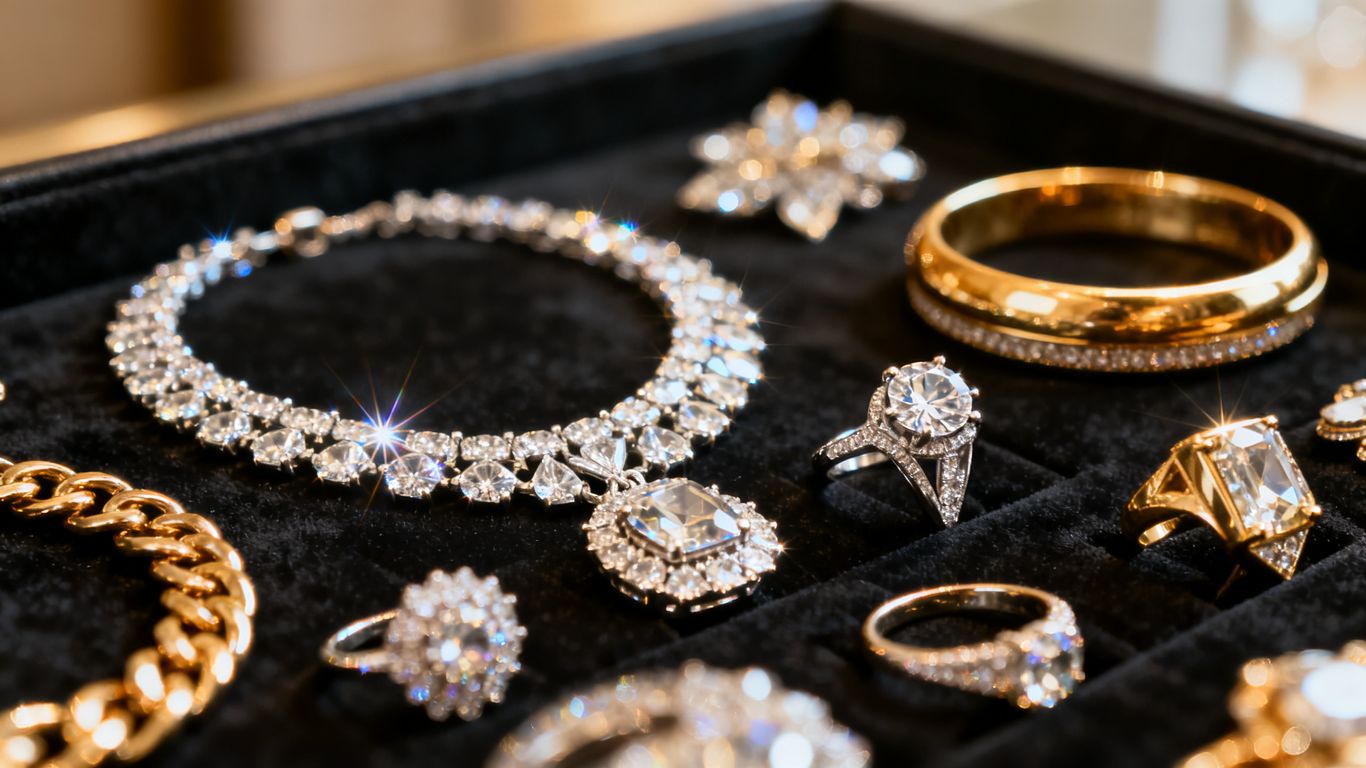 diamond necklace and multiple rings arranged on a black velvet display tray in a jewelry case catching light and sparkle