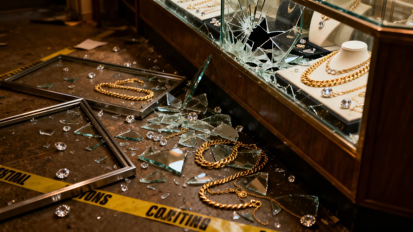 jewelry store with shattered display case after a heist