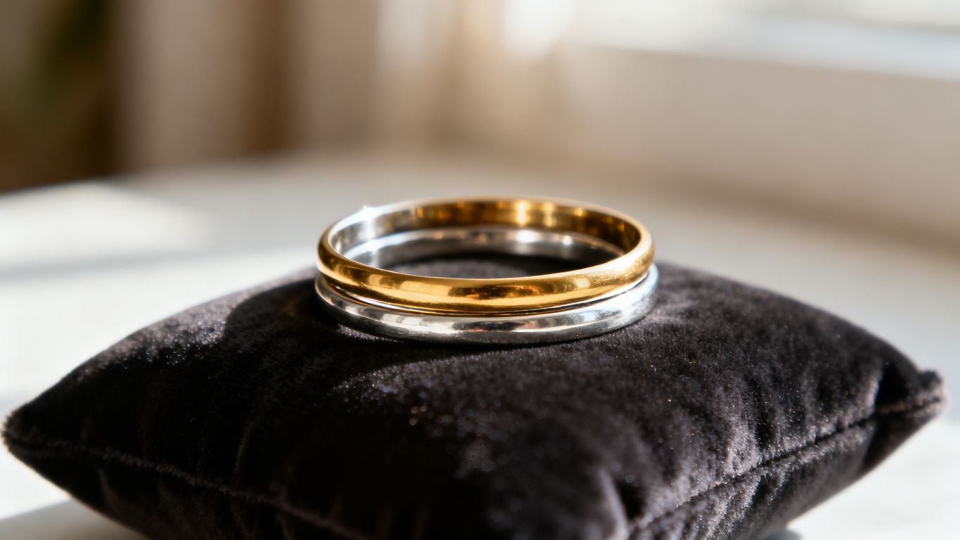 UKs Hottest Bling Jewelry Brands You Need to Know | Buy Jewellery Online two wedding bands gold and silver resting on a black velvet ring pillow for a jewelry displaypresentation shift