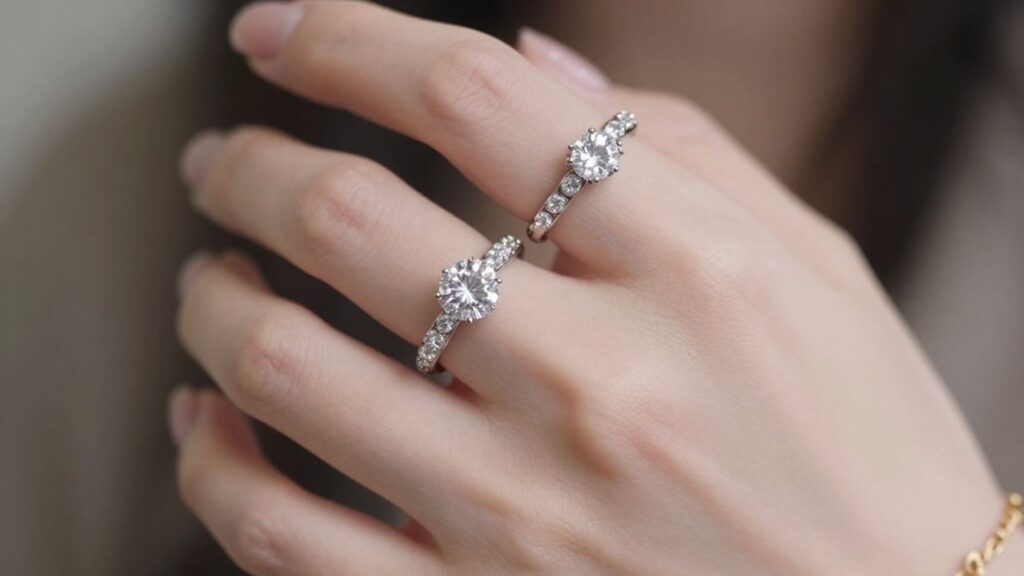 Sparkling diamond rings and gold bracelet on a hand.