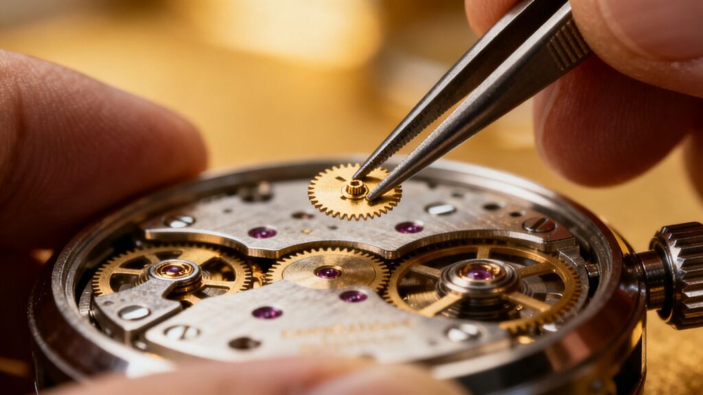 An artisan inspecting a luxury watch movement