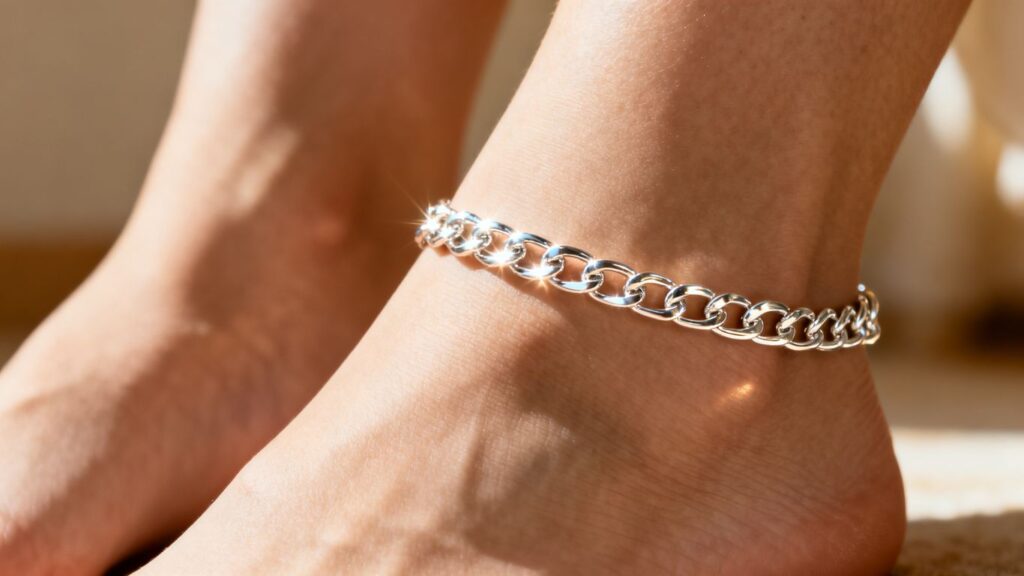 A girl wearing silver anklets