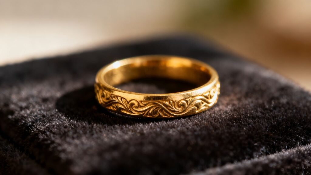 A closeup of a gold ring on velvet