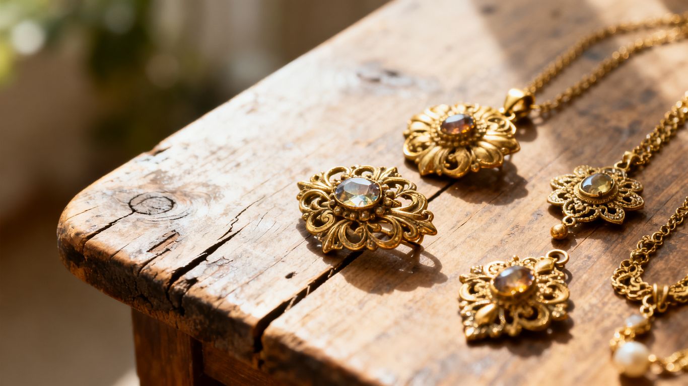 gold ornate floral pendants with crystal centers laid on a weathered wooden surface