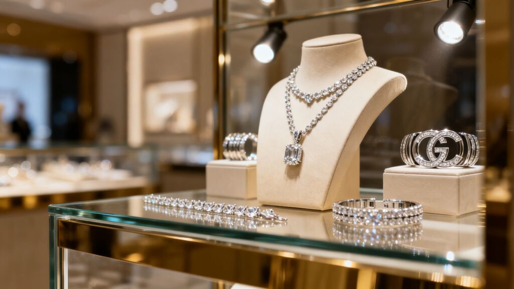 Iconic jewelry displays in display case
