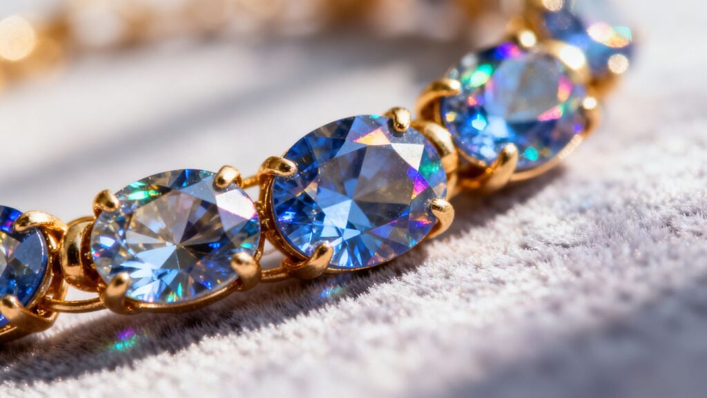 Blue and golden zircon jewelry in sunlight
