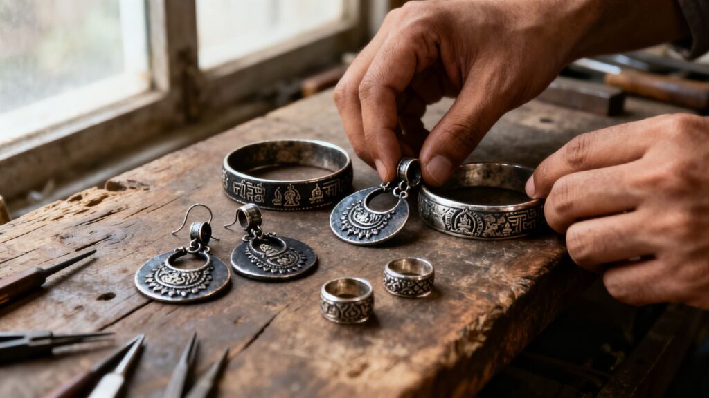 Close view of oxidised jewellery craftsmanship