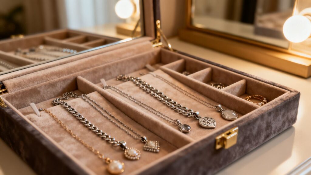 Necklaces arranged in organized storage compartments