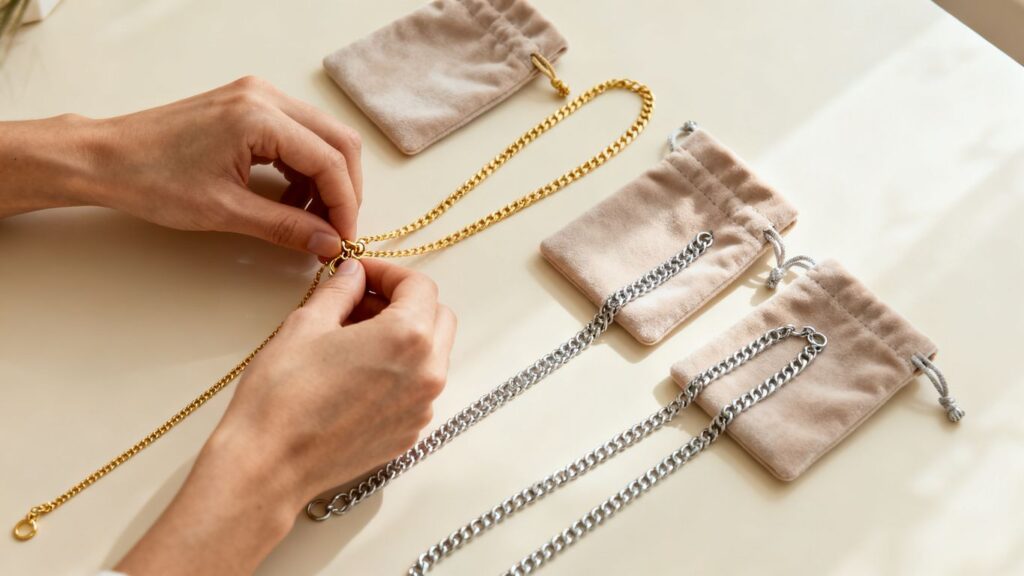 Hands preparing clasps before necklace storage