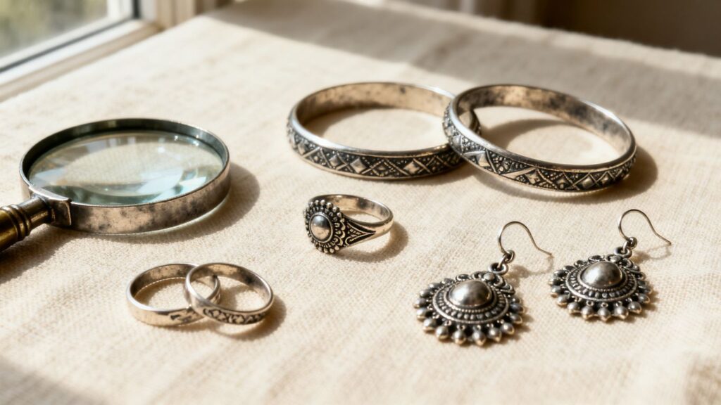 925 silver jewellery displayed on silk