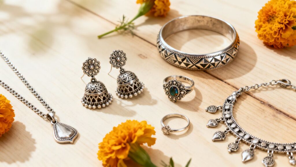 indian silver jewellery arranged in distinct styles