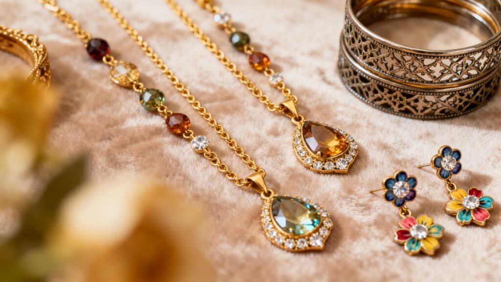 Close-up of colourful imitation jewellery pieces
