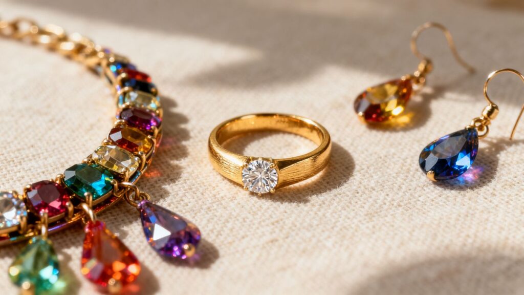 Gold ring beside colourful fashion jewellery