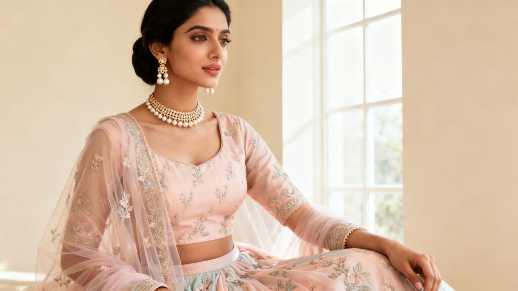 Pastel bridal lehenga with delicate jewelry