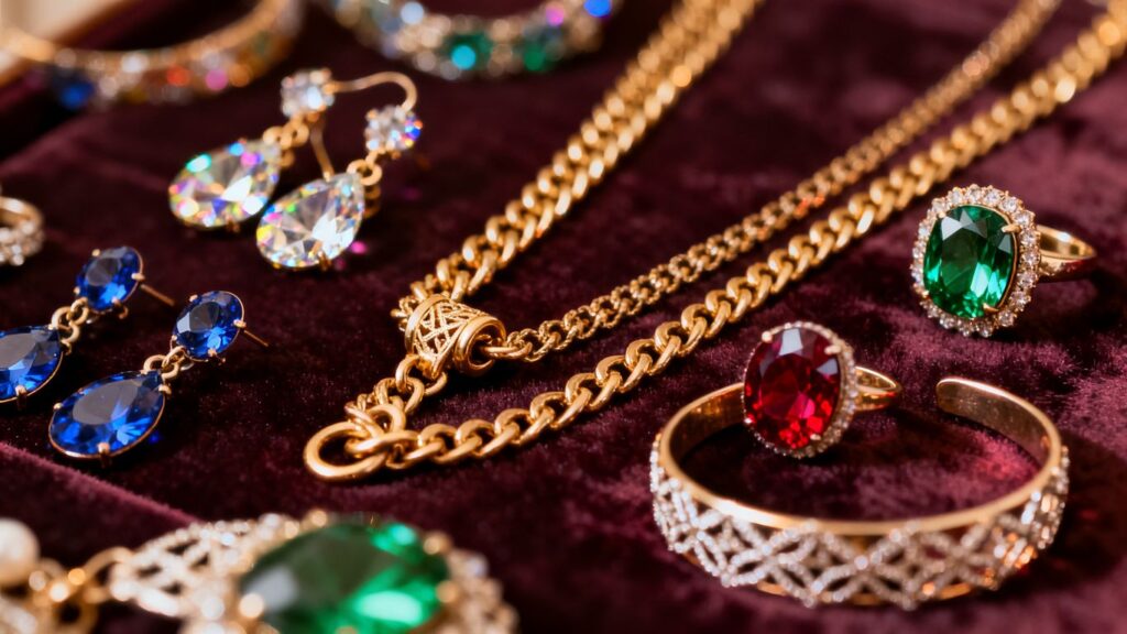 Colorful imitation jewelry arranged on velvet