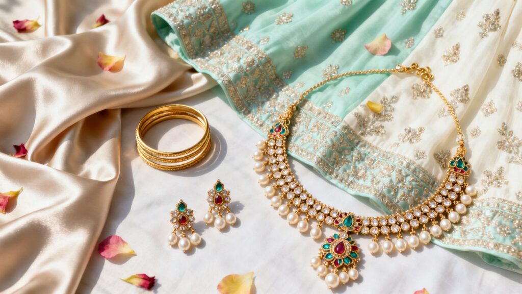 Pastel lehenga jewelry flat lay with pearls and Kundan