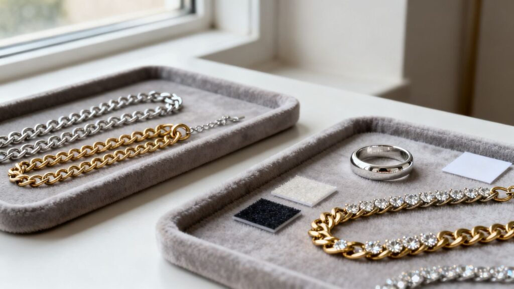Fine and imitation jewelry beside material samples