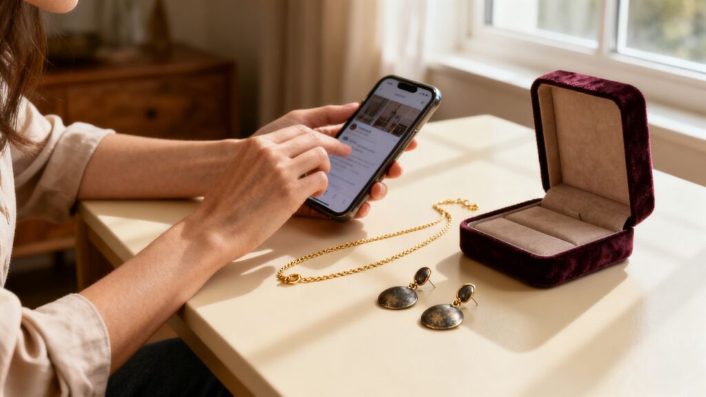 Jewelry shopper comparing pieces online