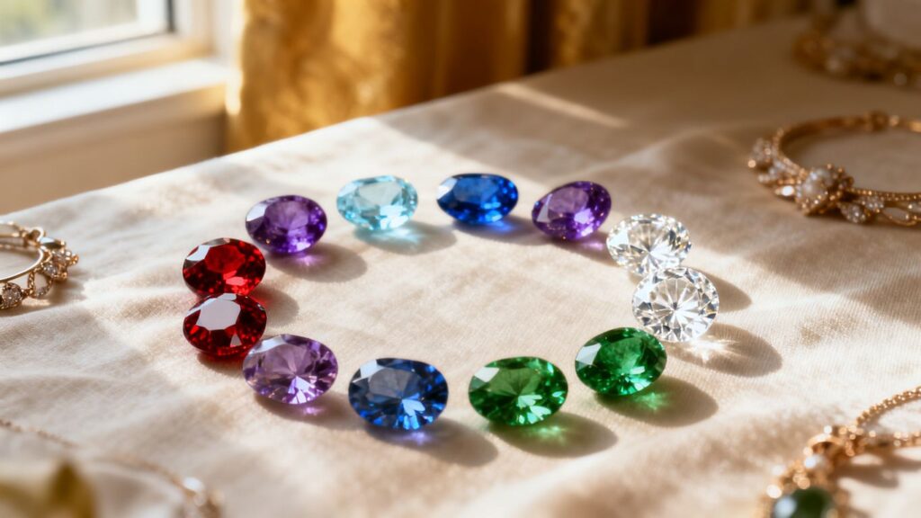A collection of colorful birthstone gemstones