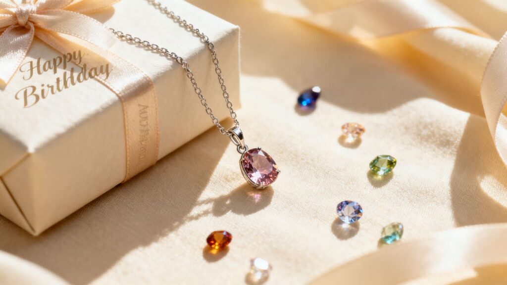 Birthstone necklace beside wrapped birthday gift