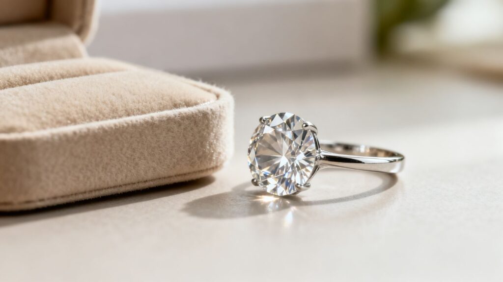Faceted zircon ring beside a soft jewelry pouch